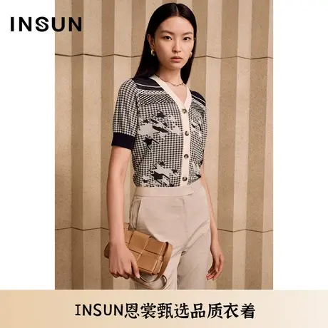 INSUN恩裳夏季简约直身型千鸟格醋酸棉针织衫图片