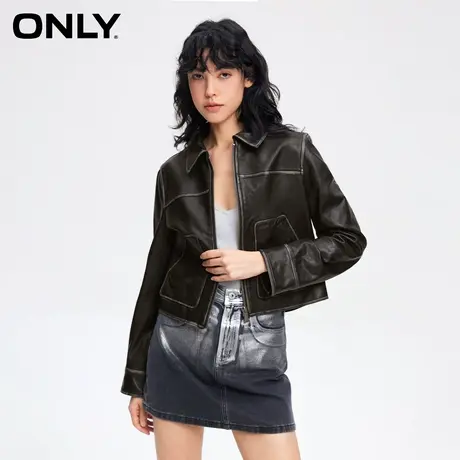 【ONLY奥莱】秋季潮流时尚直筒长袖短款皮衣外套女商品大图