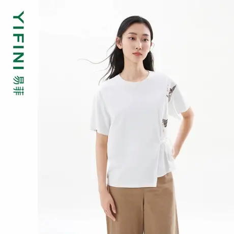 [专柜同款]Yifini/易菲索罗娜绣花抽绳宽松短款时尚针织T恤女上衣商品大图