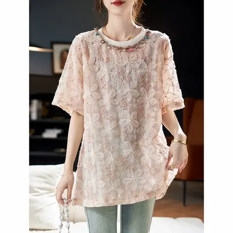 宝诗黎中长款亮片拼接短袖T恤2025夏季重工立体花朵百搭雪纺上衣商品大图