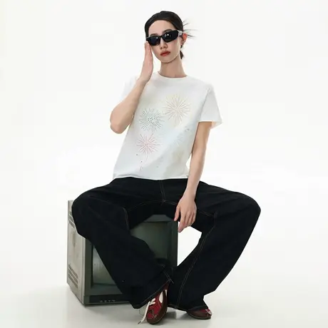 2025新款多色烟花刺绣正肩短袖T恤女潮酷圆领情侣款夏季半袖上衣图片