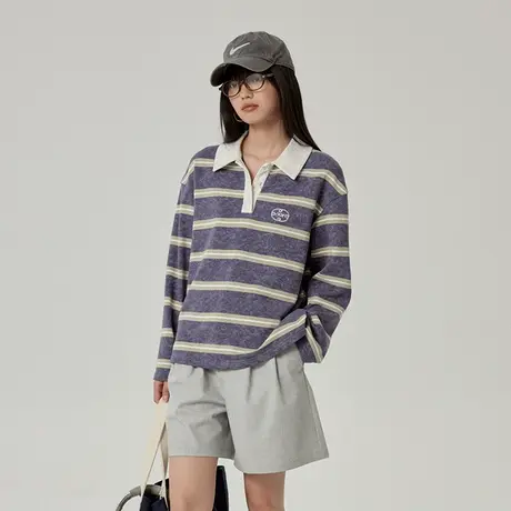 omont蛋挞家 复古polo领条纹长袖T恤秋做旧炒色宽松休闲上衣商品大图