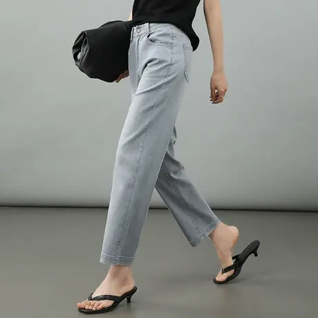 灰色高腰直筒牛仔裤女夏季薄款天丝棉小个子九分法棍裤显瘦烟管裤商品大图