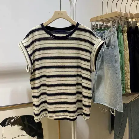 2025新款圆领飞飞袖T恤女夏季宽松韩版内搭打底衫条纹半袖上衣潮商品大图