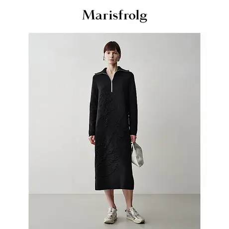 【轻密针织】玛丝菲尔秋深灰色大翻领修身针织开衫长裙商品大图