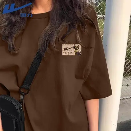 回力短袖t恤女2025新款夏季大码女装女士宽松半袖纯棉咖啡色上衣A商品大图