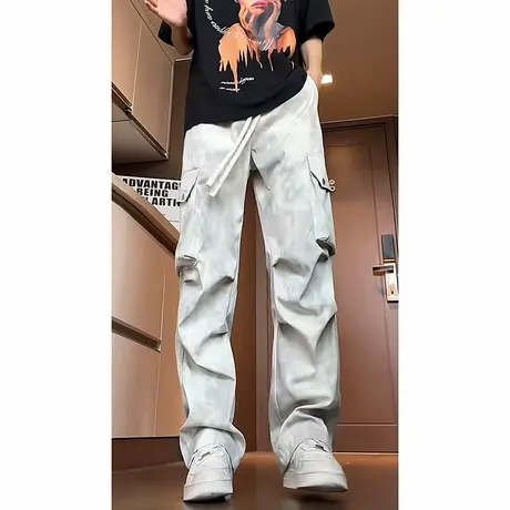 长裤男夏季2025新款伞兵褶皱休闲裤扎染脏脏裤工装裤ins冰丝裤子商品大图