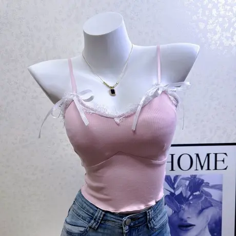 性感蕾丝花边吊带小背心女秋冬新款纯欲风带胸垫内搭短款辣妹上衣图片