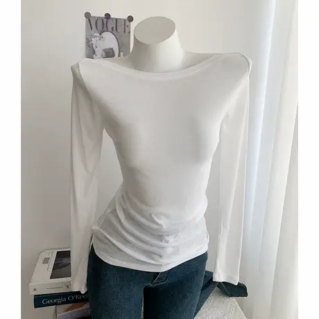 撩人系列~轻薄贴身白色一字肩气质修身内搭打底衫长袖t恤上衣图片