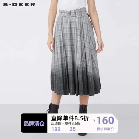 sdeer圣迪奥女装休闲腰带撞色格纹渐变A字长裙S21381124图片