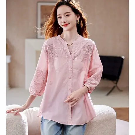 宝诗黎七分袖刺绣镂空衬衫2025夏季简约文艺休闲百搭通勤衬衣女商品大图
