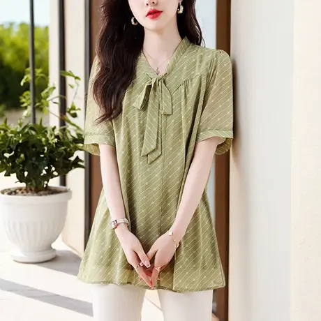 中长款遮肚大码雪纺衫女夏款短袖2025新中年妈妈气质独特上衣胖mm商品大图