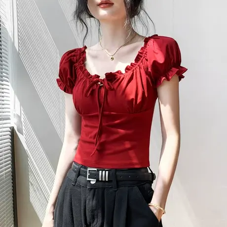 歌倍尚小香风莱赛尔冰丝短袖T恤女2025夏季修身独特漂亮红色上衣图片