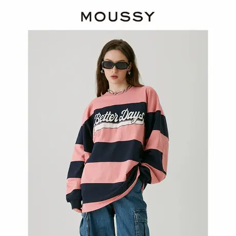 MOUSSY夏季新款男友风刺绣LOGO粗条纹长袖宽松T恤028GAQ90-5060图片