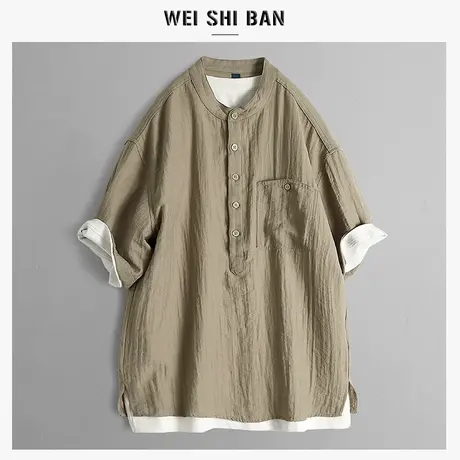 棉麻短袖衬衣复古新中式立领男宽松休闲新款亚麻半袖百搭青年上衣商品大图