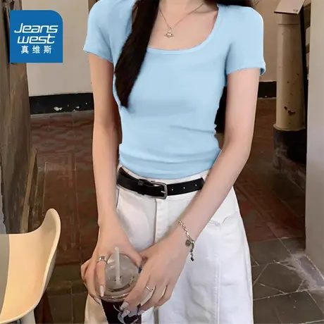 KMV真维斯蓝色正肩短袖t恤女2025夏新款方领小个子纯欲风显瘦体恤商品大图
