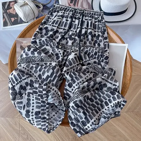 拉夏贝尔亚麻阔腿裤女夏季薄款2025新款拖地防晒凉凉裤印花直筒裤图片