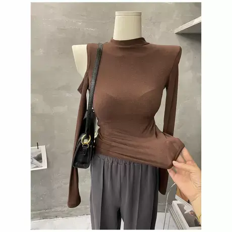薄透～早春新款！韩国性感修身露肩长袖T恤女打底衫单肩上衣2022图片