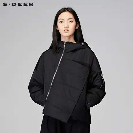 sdeer圣迪奥2018冬装简约毛呢拼接拉链连帽短款羽绒服女S17482403图片