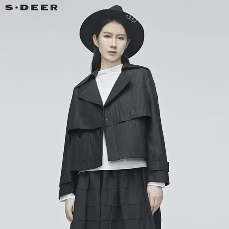 sdeer圣迪奥春装时尚双排扣翻领肌理通勤短款风衣外套女S20182215图片