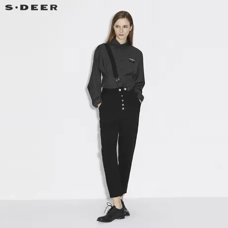 sdeer圣迪奥女装春秋装时尚不对称背带黑色休闲九分裤S21380806图片