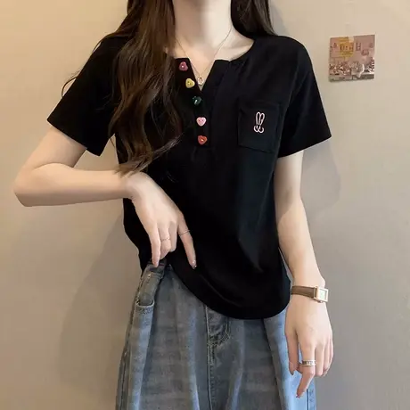 设计感小众短袖t恤女夏季韩版宽松大码女装胖mm美式正肩百搭上衣商品大图