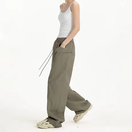 纯色宽松显瘦直筒阔腿休闲裤男女同款夏季多口袋伞兵拖地弯刀长裤图片