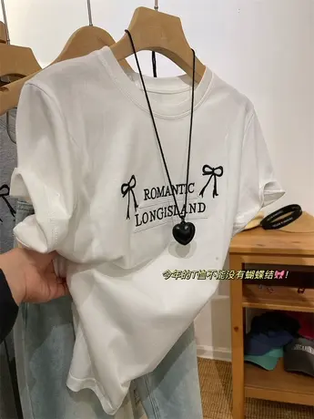 重工刺绣字母蝴蝶结短袖T恤女夏季简约百搭宽松圆领套头正肩上衣商品大图