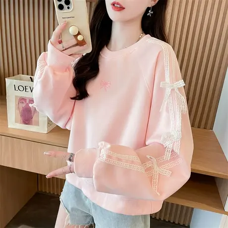 早秋蝴蝶结卫衣女2024新款春秋季韩版宽松薄款小个子短款上衣外套图片