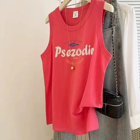 大码美式复古纯棉火龙果背心女夏松无袖多巴胺设计感外穿胖mm上衣商品大图