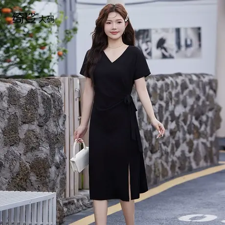 夏装新款法式气质V领显瘦遮肉百搭休闲短袖针织大码胖MM连衣裙商品大图