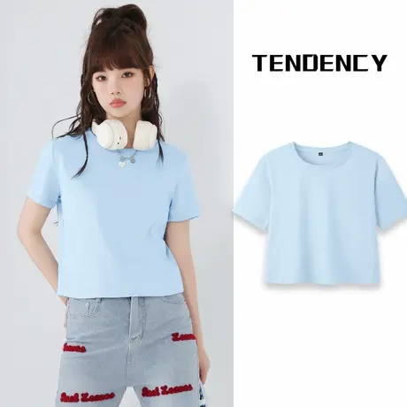 KMV真维斯蓝色短袖t恤女2025夏季新款纯棉短款小个子圆领修身上衣图片