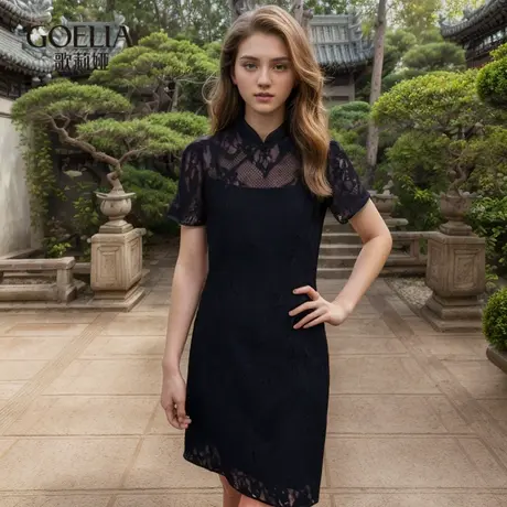 歌莉娅新中式连衣裙女夏2024新款国风改良蕾丝黑色旗袍1C3R4K01E商品大图