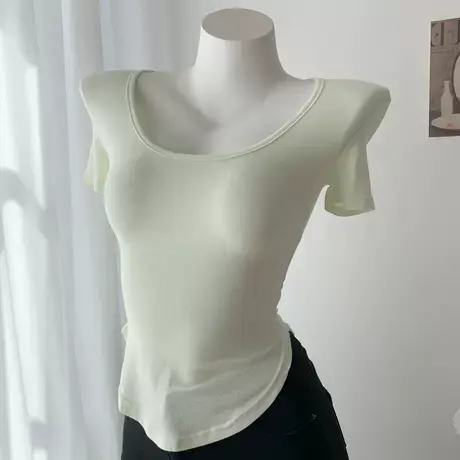 纯欲性感微透女人味U型领显胸修身弧形下摆短袖T恤上衣商品大图