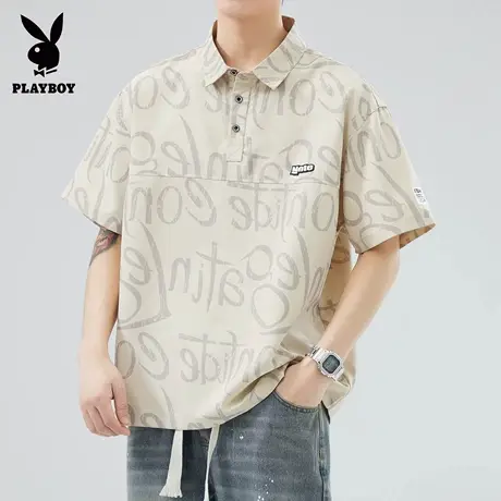花花公子冰丝短袖POLO衫男夏季薄款潮牌印花休闲宽松翻领半袖上衣图片