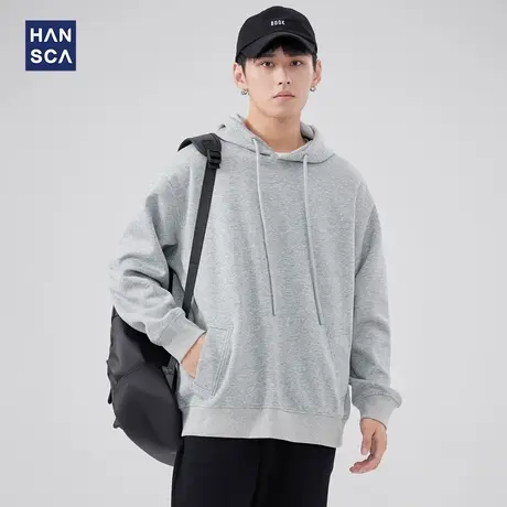 hansca纯色连帽卫衣男潮牌春季新款重磅灰色宽松爆款情侣套头上衣商品大图
