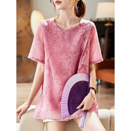 宝诗黎圆领镂空宽松短袖T恤2025夏季洋气新中式休闲百搭雪纺上衣图片