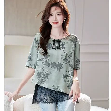 宝诗黎蕾丝提花拼接短袖雪纺衫2025夏季假两件新中式气质小衫女商品大图
