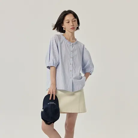 omont蛋挞家 复古荷叶边短袖衬衫夏季新款别致设计感上衣衬衣商品大图