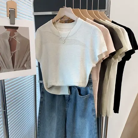 镂空圆领针织衫女套头2025夏装新款内搭打底上衣短袖洋气t恤衫潮商品大图