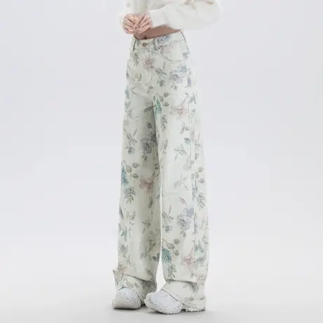 高端印花阔腿牛仔裤女2025新款春秋季宽松直筒裤彩绘高腰时尚潮流图片