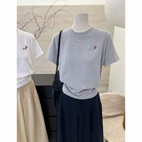 韩版卡通刺绣简约短袖T恤女2025春秋打底衫百搭正肩短款棉质上衣商品大图