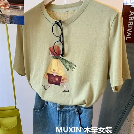 围巾女孩印花夏季轻薄款宽松舒适文艺复古休闲百搭女式短袖T恤衫商品大图