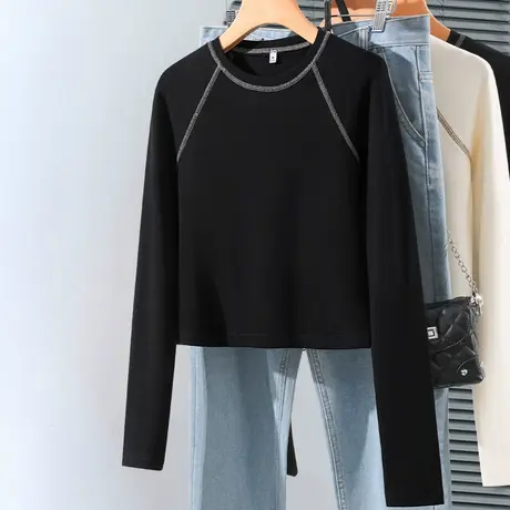 KWV真维斯黑色长袖t恤女2025新款春秋修身显瘦内搭上衣打底衫商品大图