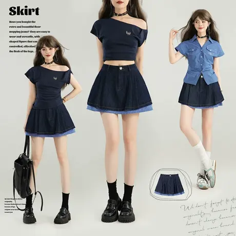 KEIKO 假两件格纹拼色牛仔半身裙25夏季复古高腰蓬蓬显瘦a字短裙商品大图