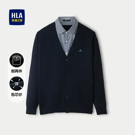 HLA/海澜之家包芯纱针织衫男假两件双领设计撞色刺绣保暖毛衣男商品大图