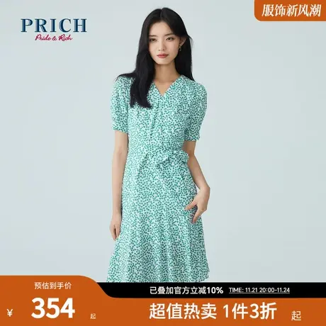 PRICH连衣裙新款气质优雅收腰V领纯棉设计感小众碎花裙子商品大图