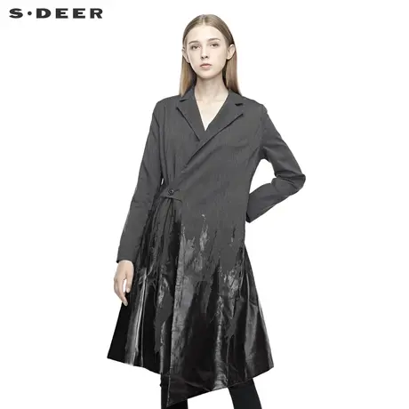 sdeer圣迪奥女个性休闲平驳领泼墨胶印解构裁剪条纹风衣S19381848图片