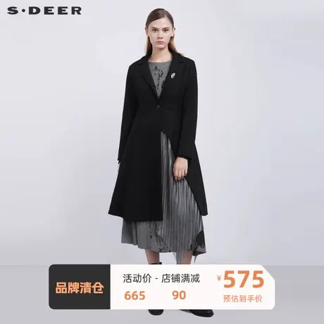 sdeer圣迪奥女装西装领不规则网纱拼接毛呢长款大衣S21481827图片
