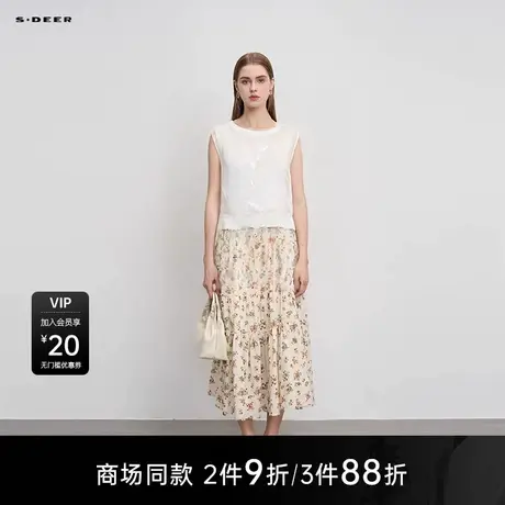 【商场同款】sdeer圣迪奥女罗纹圆领网纱绣花无袖针织衫S25283526图片